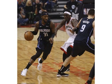 Orlando Magic Terrence Ross SG (31) tries to beat Toronto Raptors Pascal Siakam PF (43) during the first quarter  in Toronto, Ont. on Wednesday April 17, 2019. Jack Boland/Toronto Sun/Postmedia Network