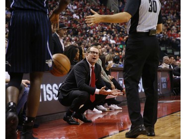 Toronto Raptors coach Nick Nurse is perplexed by the refs calls during the second quarter  in Toronto, Ont. on Wednesday April 17, 2019. Jack Boland/Toronto Sun/Postmedia Network