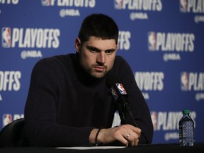 Orlando Magic centre Nikola Vucevic speaks to the media at the post-game news conference following Tuesday night’s loss to the Raptors in Toronto. Vucevic has shot just 6-for-21 in the series’ first two games.  Jack Boland/Toronto Sun