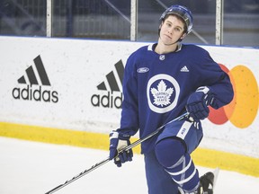 Mitch Marner takes a knee at Maple Leafs practice on Tuesday. Marner made a couple of key blocks at the end of Toronto's win over Boston on Monday night. (Craig Robertson/Toronto Sun)