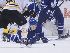 Maple Leafs forward Mitch Marner blocks a shot in Game 3 versus Boston on Monday. STAN BEHAL/TORONTO SUN