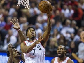 Kyle Lowry of the Raptors drives to the basket during his team's game against the Philadelphia 76ers at Scotiabank Arena in in Toronto on April 29, 2019. (ERNEST DOROSZUK/Toronto Sun)