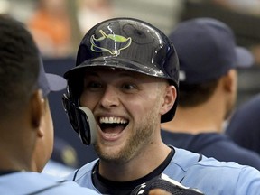 Tampa Bay Rays' Austin Meadows celebrates his two-run home run against the Houston Astros on, March 31, 2019 (JASON BEHNKEN/AP)