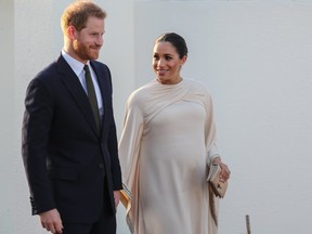 The Duke and Duchess of Sussex attend a reception hosted by the British Ambassador to Morocco, Thomas Reilly, and his wife in Rabat, Morocco, on Feb. 24, 2019. (John Rainford/WENN)