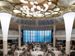 The renovated Cosmopolitan restaurant is bright with interlocking rings on the ceiling and a mesmerizing view of the ship's wake. (Celebrity Cruises)