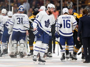 Defenceman Jake Muzzin reacts after the Maple Leafs lost 5-1 to the Boston Bruins on Tuesday night. (Maddie Meyer/Getty Images)