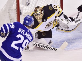 Boston Bruins goaltender Tuukka Rask makes a save on Maple Leafs’ William Nylander during Game 4 on Wednesday. (FRANK GUNN/THE CANADIAN PRESS)