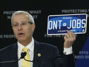 Ontario Conservative Finance Minister Vic Fedeli unveils the 2019 Ontario Budget on Thursday April 11, 2019.