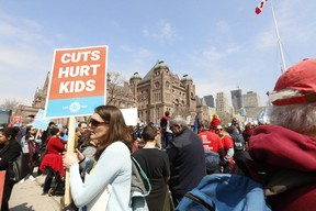 Thousands of teachers, students and union leaders gathered on the front lawn at Queen’s Park to protest the Ford government’s education cuts on Saturday, April 6, 2019. (Jack Boland/Toronto Sun/Postmedia Network)