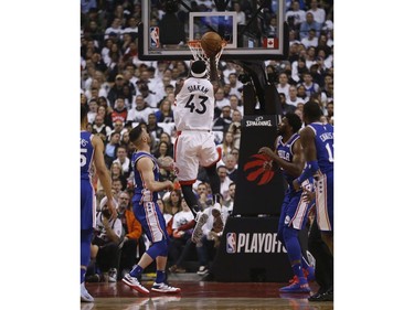 Toronto Raptors Pascal Siakam PF (43) with a jumper early on during the first half in Toronto, Ont. on Saturday April 27, 2019. Jack Boland/Toronto Sun/Postmedia Network