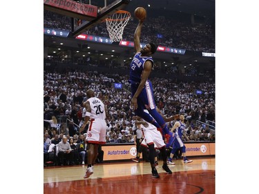 Philadelphia 76ers Joel Embiid C (21) jams the ball during the first half in Toronto, Ont. on Saturday April 27, 2019. Jack Boland/Toronto Sun/Postmedia Network