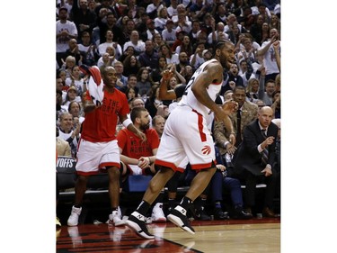 Toronto Raptors Kawhi Leonard SF (2) after scoring another three and teammate Jody Meeks is pumped as Leonard had 45 points on the night in Toronto, Ont. on Sunday April 28, 2019. Jack Boland/Toronto Sun/Postmedia Network