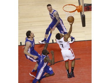 Toronto Raptors Kyle Lowry PG (7) goes to the bucket during the first half in Toronto, Ont. on Sunday April 28, 2019. Jack Boland/Toronto Sun/Postmedia Network