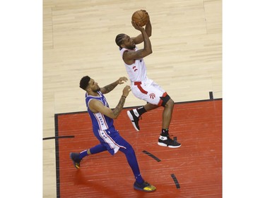 Toronto Raptors Kawhi Leonard SF (2) in for two points. during the first half in Toronto, Ont. on Sunday April 28, 2019. Jack Boland/Toronto Sun/Postmedia Network