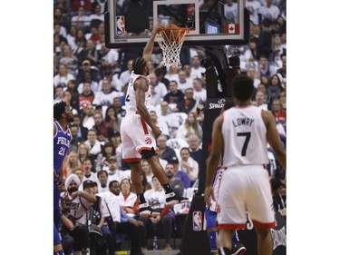 Toronto Raptors Kawhi Leonard SF (2) slams the ball during the first half in Toronto, Ont. on Saturday April 27, 2019. Jack Boland/Toronto Sun/Postmedia Network