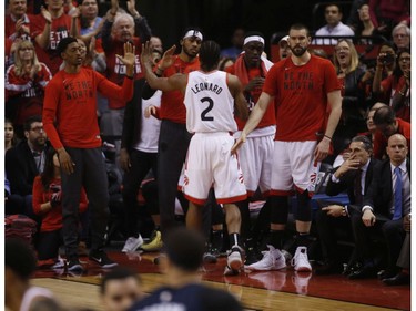 Toronto Raptors Kawhi Leonard SF (2) walks off the court  during the fourth quarter in Toronto, Ont. on Tuesday April 23, 2019. Jack Boland/Toronto Sun/Postmedia Network