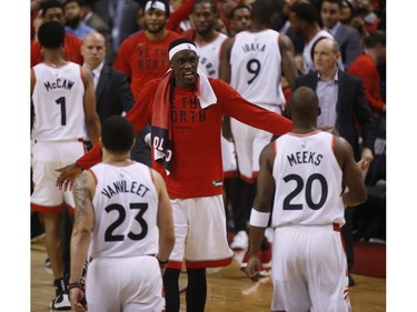Toronto Raptors Pascal Siakam PF (43) is pumped after the  115-96 to advance to the next round  in Toronto, Ont. on Tuesday April 23, 2019. Jack Boland/Toronto Sun/Postmedia Network