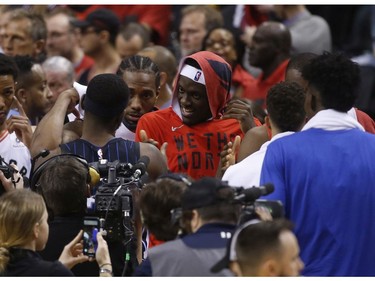 Toronto Raptors Pascal Siakam is pumped after the 115-96 win  to advance to the next round  in Toronto, Ont. on Tuesday April 23, 2019. Jack Boland/Toronto Sun/Postmedia Network