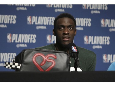 Pascal Siakim and Kawhi Leonard in the after game press conference  in Toronto, Ont. on Tuesday April 23, 2019. Jack Boland/Toronto Sun/Postmedia Network