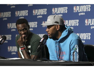 Pascal Siakim and Kawhi Leonard in the after game press conference  in Toronto, Ont. on Tuesday April 23, 2019. Jack Boland/Toronto Sun/Postmedia Network