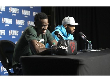 Pascal Siakim and Kawhi Leonard in the after game press conference  in Toronto, Ont. on Tuesday April 23, 2019. Jack Boland/Toronto Sun/Postmedia Network