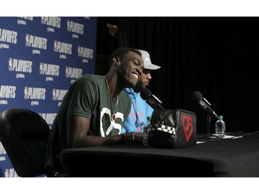 Pascal Siakim and Kawhi Leonard in the after game press conference  in Toronto, Ont. on Tuesday April 23, 2019. Jack Boland/Toronto Sun/Postmedia Network