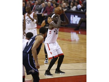 Toronto Raptors Pascal Siakam PF (43) at the free throw line scored 24 points on the night during the fourth quarter in Toronto, Ont. on Tuesday April 23, 2019. Jack Boland/Toronto Sun/Postmedia Network