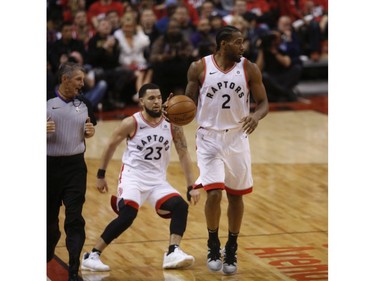 Toronto Raptors Kawhi Leonard SF (2) heads up the court and 27 points on the night  in Toronto, Ont. on Tuesday April 23, 2019. Jack Boland/Toronto Sun/Postmedia Network