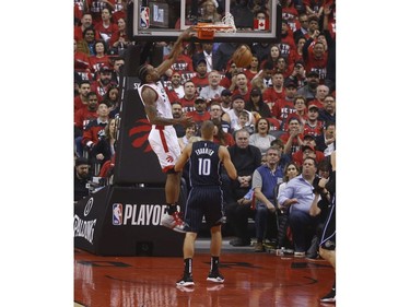 Toronto Raptors Kawhi Leonard SF (2) jams in a basket during the first quarter in Toronto, Ont. on Saturday April 13, 2019. Jack Boland/Toronto Sun/Postmedia Network