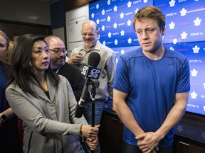 Despite a strong season which included leading defencemen with 20 goals, the Leafs’ Morgan Rielly (right) was not voted as a finalist for the Norris Trophy. (Craig Robertson/Toronto Sun)