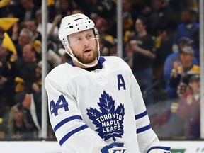 Morgan Rielly of the Toronto Maple Leafs  react after a goal is scored  by the Boston Bruins during the first period of Game Seven of the Eastern Conference First Round during the 2019 NHL Stanley Cup Playoffs at TD Garden on April 23, 2019 in Boston, Mass. (MADDIE MEYER/Getty Images)