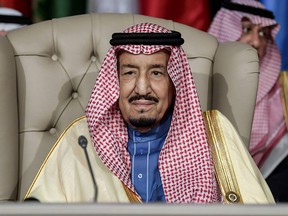 Saudi Arabia's King Salman attends the opening session of the 30th Arab League summit in the Tunisian capital Tunis, Sunday, March 31, 2019. (Fethi Belaid/Pool Photo via AP)