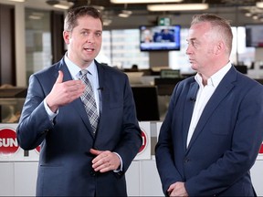 Andrew Scheer speaks with Brian Lilley in the Sun newsroom on Thursday April 4, 2019