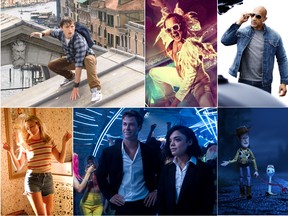 Clockwise from top left: Tom Holland in Spider-Man: Far From Home; Taron Egerton as Elton John in Rocketman; Dwayne Johnson as Luke Hobbs in Hobbs & Shaw; Woody (Tom Hanks) and Forky (Tony Hale) in Toy Story 4; Chris Hemsworth and Tessa Thompson in Men in Black: International; and Margot Robbie as the late Sharon Tate in Quentin Tarantino's Once Upon a Time in Hollywood.