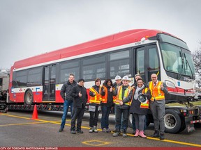 The TTC's first Battery Electric Bus, New Flyer Industries' XE40 Xcelsior CHARGE, arrived at the TTC's Arrow Road Garage on April 14, 2019. (Photo courtesy Mike DeToma, TTC)