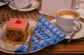 Vienna’s Vollpension cafe, the home of all that’s grandmotherly, serves the traditional Punschschnitten, made from dough soaked in rum and topped with lurid pink icing. (Peter Neville-Hadley/Horizon Writers’ Group)