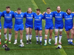 Members of the Toronto Arrows line up ahead of their Major League Rugby game against the New Orleans Gold at York Alumni Stadium in Toronto on April 7, 2019.  (NEIL DAVIDSON/The Canadian Press)