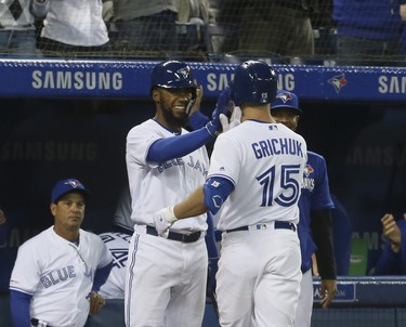 Toronto Blue Jays left fielder Randal Grichuk (15) with two homers  against the Baltimore Orioles  in Toronto, Ont. on Wednesday April 3, 2019. Veronica Henri/Toronto Sun/Postmedia Network