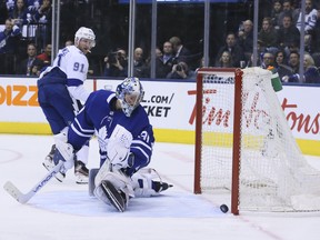 Lightning centre Steven Stamkos scores on Maple Leafs goalie Frederik Andersen at Scotiabank Arena last night.   Veronica Henri/Toronto Sun