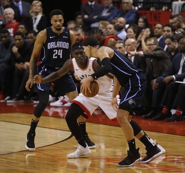 Toronto Raptors Pascal Siakam PF (43) guards against Orlando Magic Aaron Gordon PF (00) during the third quarter in Toronto, Ont. on Saturday April 13, 2019. Jack Boland/Toronto Sun/Postmedia Network