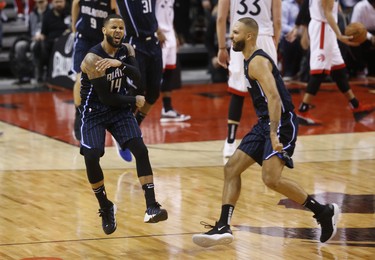 Orlando Magic D.J. Augustin PG (14) is pumped after he drained a three-pointer to win the game during the fourth quarter in Toronto, Ont. on Saturday April 13, 2019. Jack Boland/Toronto Sun/Postmedia Network