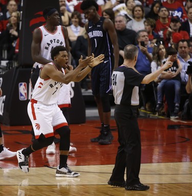 Toronto Raptors Kyle Lowry PG (7) complains to the referee during the second half in Toronto, Ont. on Saturday April 13, 2019. Jack Boland/Toronto Sun/Postmedia Network