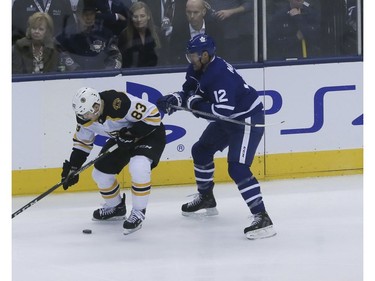 Toronto Maple Leafs center Patrick Marleau (12) and Boston Bruins center Karson Kuhlman (83)on Sunday April 21, 2019 in Toronto. The Toronto Maple Leafs hosted the Boston Bruins in Game 6 of the best-of-7 Eastern Conference First Round at Scotiabank Arena Veronica Henri/Toronto Sun/Postmedia Network