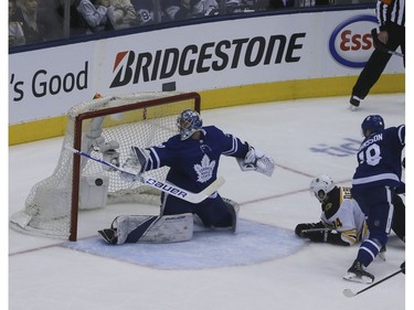 Boston Bruins left wing Jake DeBrusk (74) scores on Sunday April 21, 2019 in Toronto. The Toronto Maple Leafs hosted the Boston Bruins in Game 6 of the best-of-7 Eastern Conference First Round at Scotiabank Arena Veronica Henri/Toronto Sun/Postmedia Network