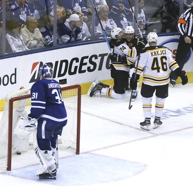 Boston Bruins' Jake DeBrusk (74) celebrates his team's third goal on Frederik Andersen on Sunday at Scotiabank Arena. The goal stood up as the game-winner. Veronica Henri/Toronto Sun/Postmedia Network