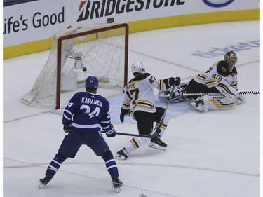Toronto Maple Leafs center Auston Matthews (34) scores on Sunday April 21, 2019 in Toronto. The Toronto Maple Leafs hosted the Boston Bruins in Game 6 of the best-of-7 Eastern Conference First Round at Scotiabank Arena Veronica Henri/Toronto Sun/Postmedia Network