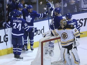 Toronto Maple Leafs centre Auston Matthews (34) scores on Sunday April 21, 2019 in Toronto against Boston Bruins in Game 6 at Scotiabank Arena. Veronica Henri/Toronto Sun