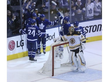 Toronto Maple Leafs center Auston Matthews (34) scores on Sunday April 21, 2019 in Toronto. The Toronto Maple Leafs hosted the Boston Bruins in Game 6 of the best-of-7 Eastern Conference First Round at Scotiabank Arena Veronica Henri/Toronto Sun/Postmedia Network