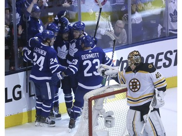 Toronto Maple Leafs center Auston Matthews (34) scores on Sunday April 21, 2019 in Toronto. The Toronto Maple Leafs hosted the Boston Bruins in Game 6 of the best-of-7 Eastern Conference First Round at Scotiabank Arena Veronica Henri/Toronto Sun/Postmedia Network