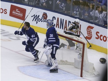 on Sunday April 21, 2019 in Toronto. The TorontToronto Maple Leafs defenseman Morgan Rielly (44) and Boston Bruins left wing Jake DeBrusk (74)on Sunday April 21, 2019 in Toronto. The Toronto Maple Leafs hosted the Boston Bruins in Game 6 of the best-of-7 Eastern Conference First Round at Scotiabank Arena Veronica Henri/Toronto Sun/Postmedia Network